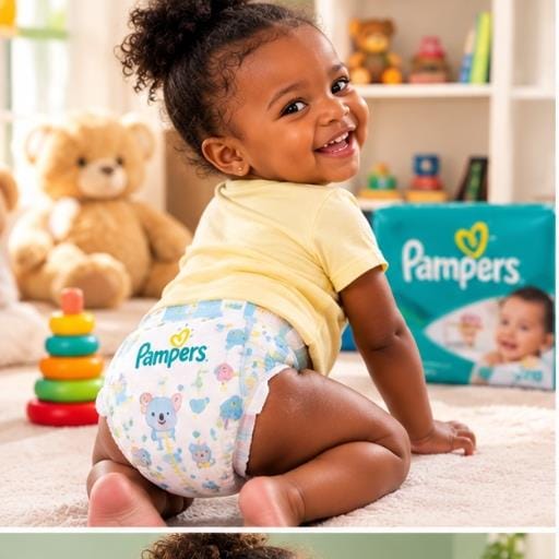Bébé souriant portant une couche Pampers